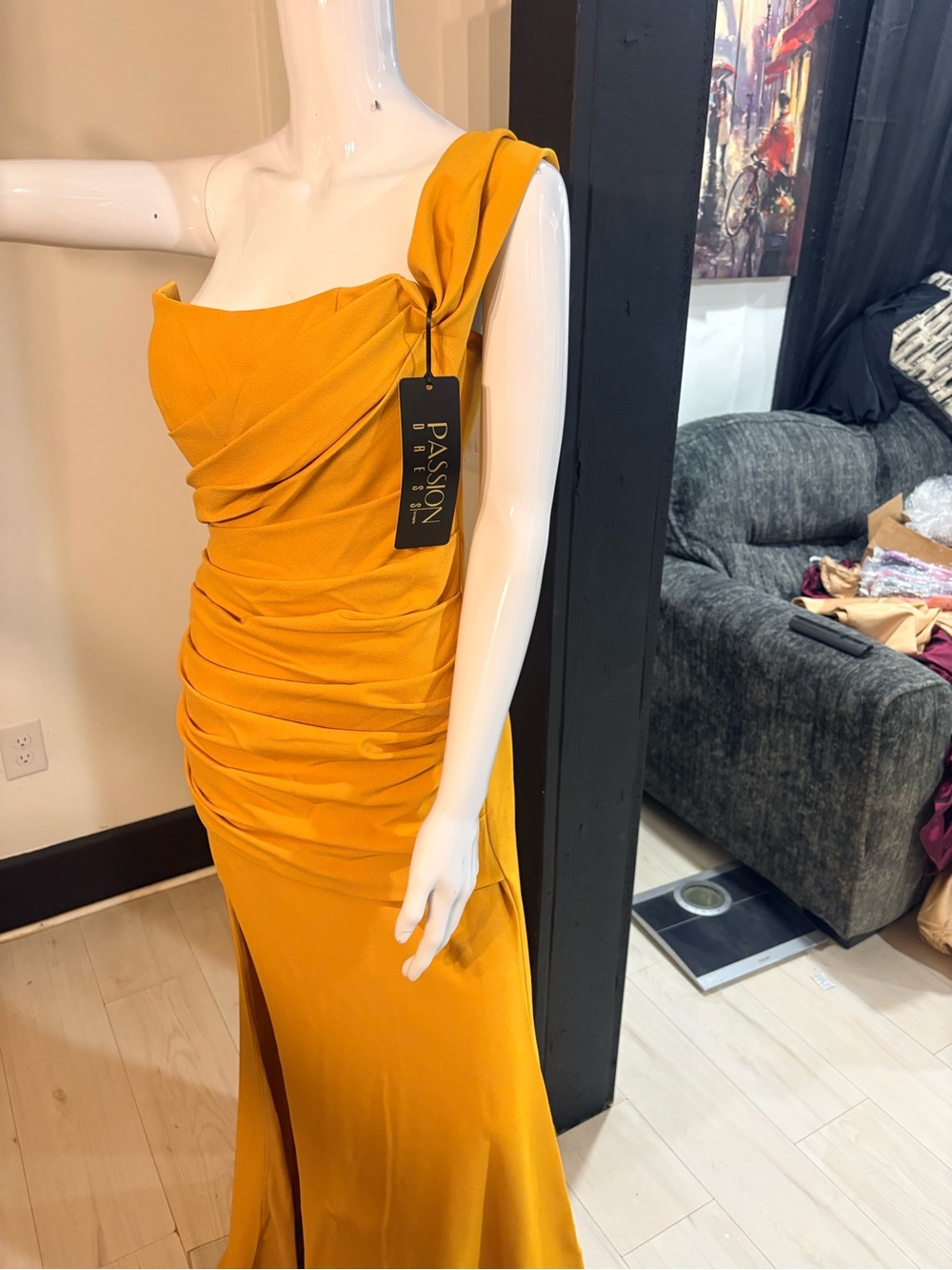 Women's Mustard One-Shoulder Ruched Evening Dress